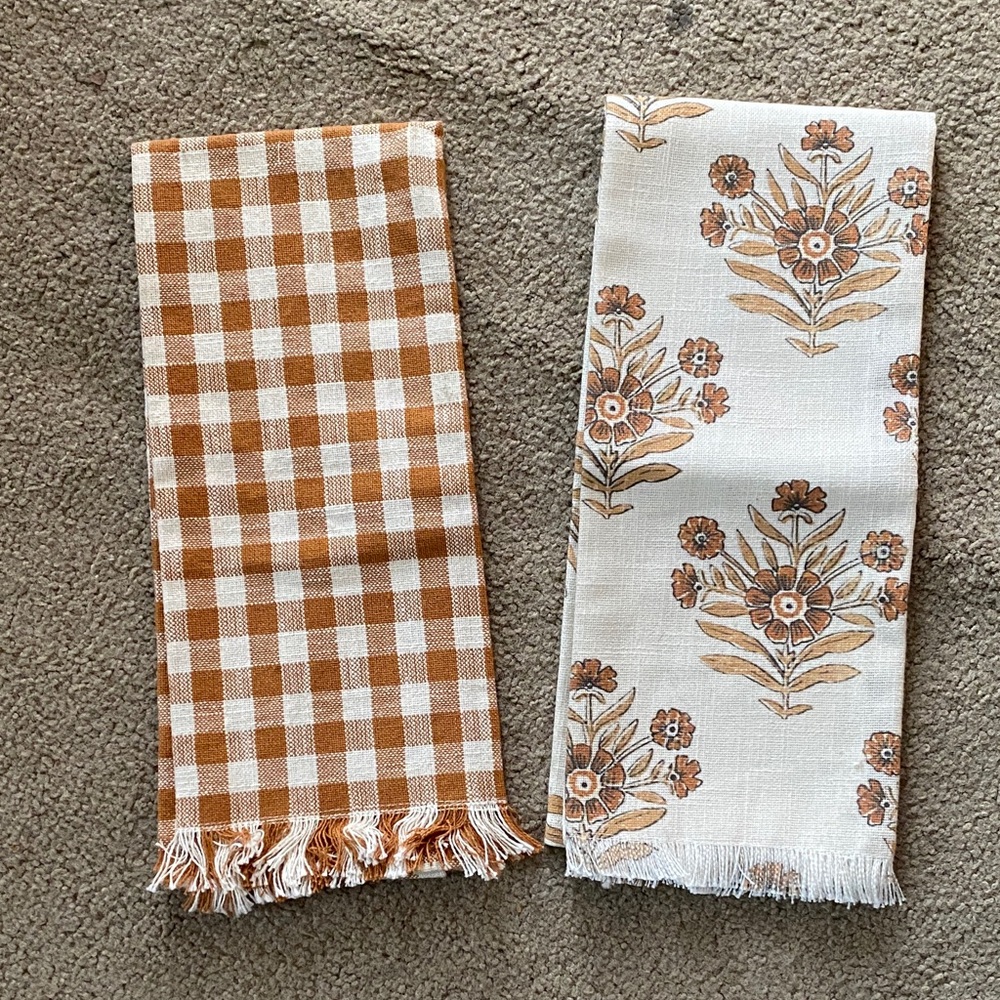 Rustic Brown and Cream Checkered and Floral Tea Towels Creative CoOp